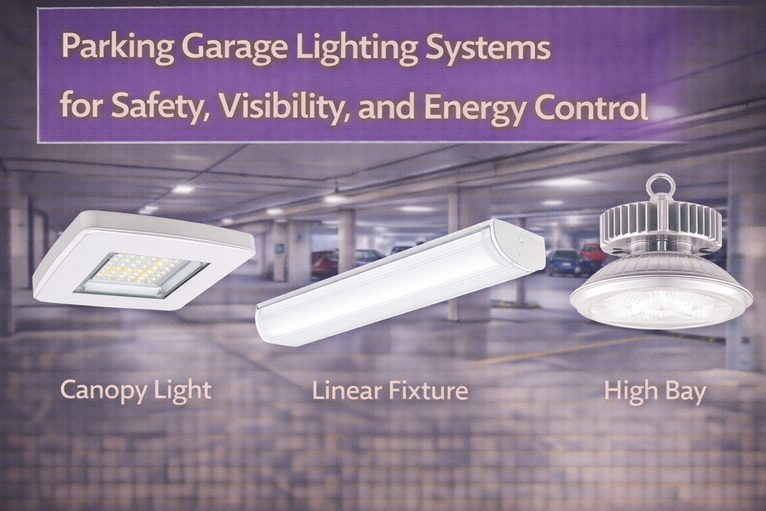 Parking garage lighting system using LED canopy lights, linear fixtures, and high bay luminaires to support safety, visibility, and energy control