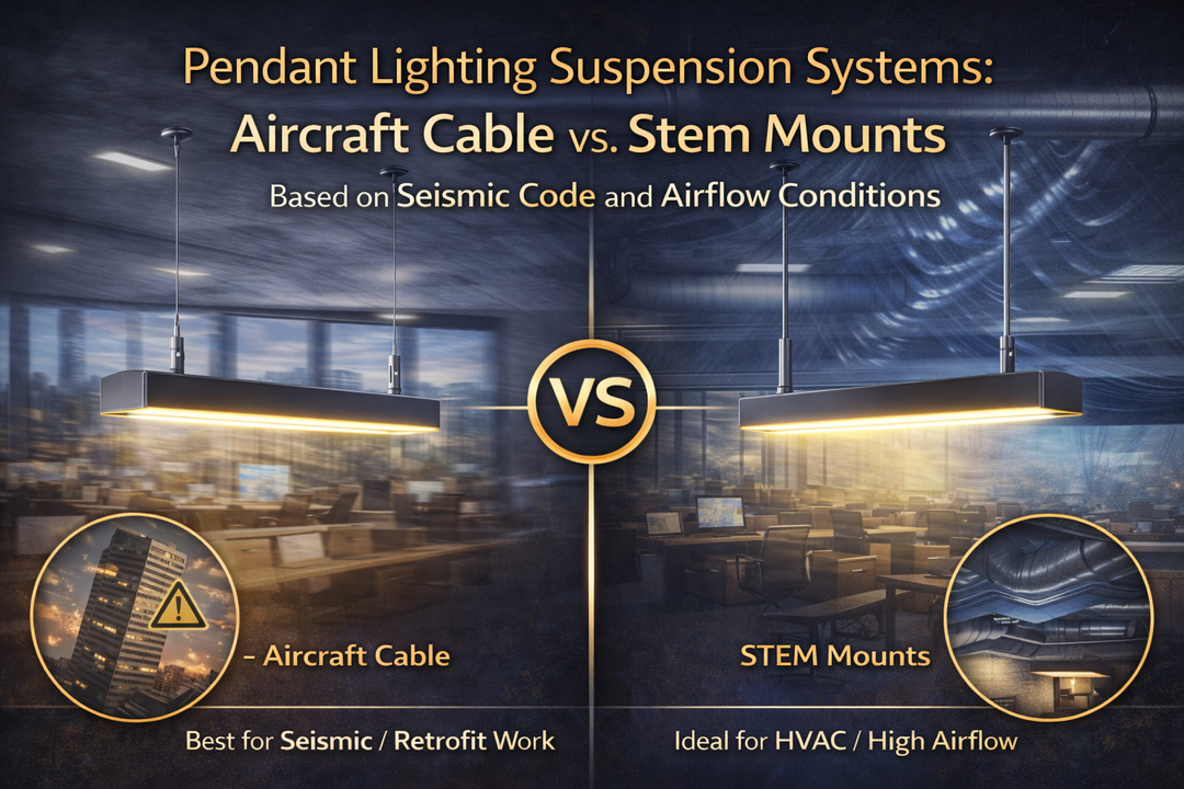 Comparison of pendant lighting suspension systems showing aircraft cable and stem mounts, illustrating performance differences based on seismic code requirements and HVAC airflow conditions.