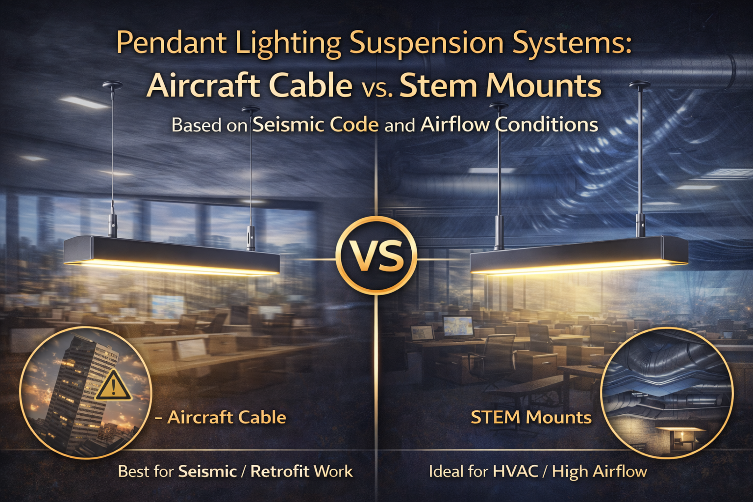 Comparison of pendant lighting suspension systems showing aircraft cable and stem mounts, illustrating performance differences based on seismic code requirements and HVAC airflow conditions.