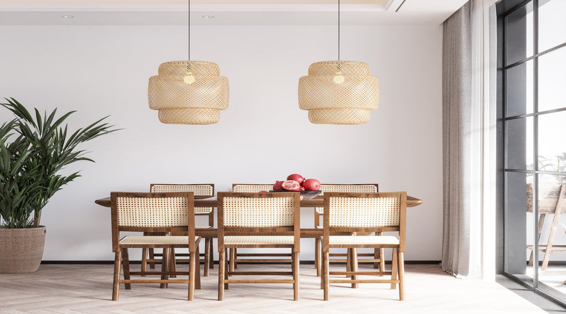 Pendant lighting hanging over table in dining room