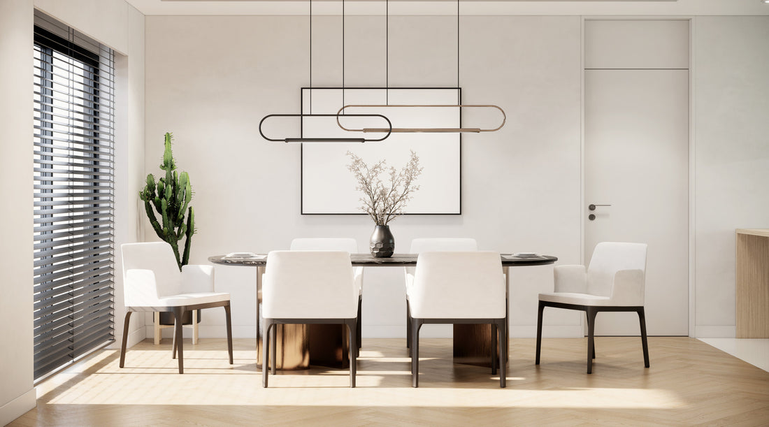 Pendant lights shown in modern natural tone dining room with dining table and white chairs