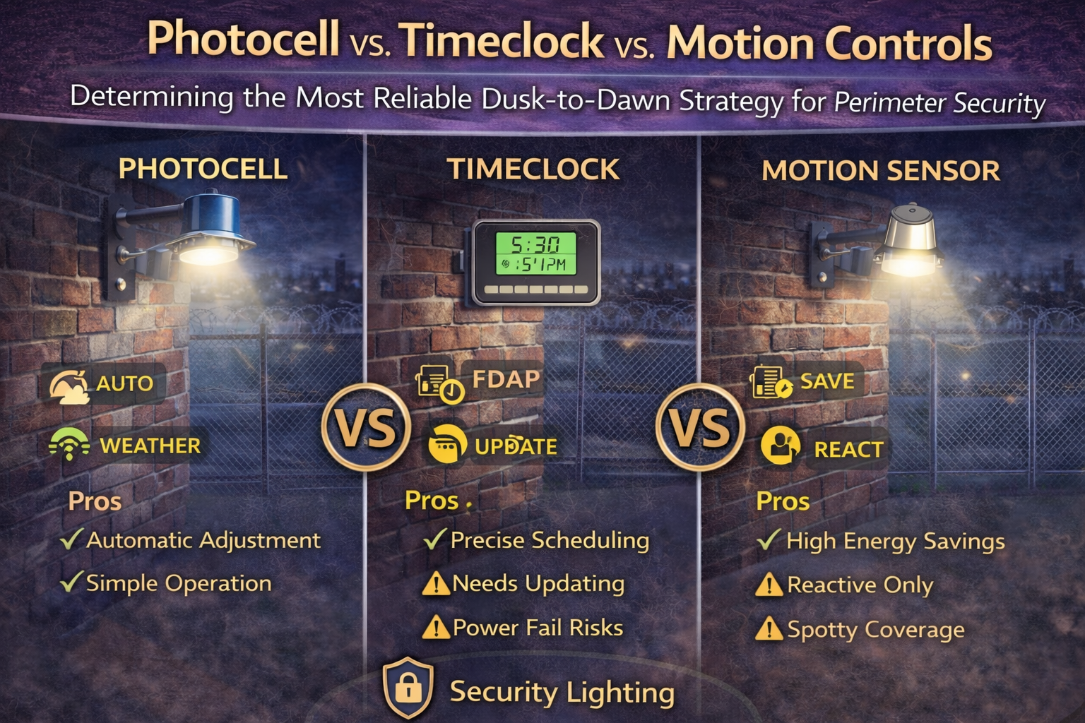 Comparison of photocell, timeclock, and motion sensor lighting controls showing reliability, automation, and coverage differences for dusk-to-dawn perimeter security lighting