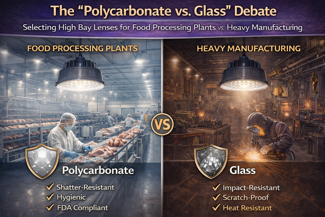 Comparison of polycarbonate vs glass high bay lighting lenses showing shatter-resistant polycarbonate fixtures in a food processing plant and impact- and heat-resistant glass fixtures in a heavy manufacturing facility