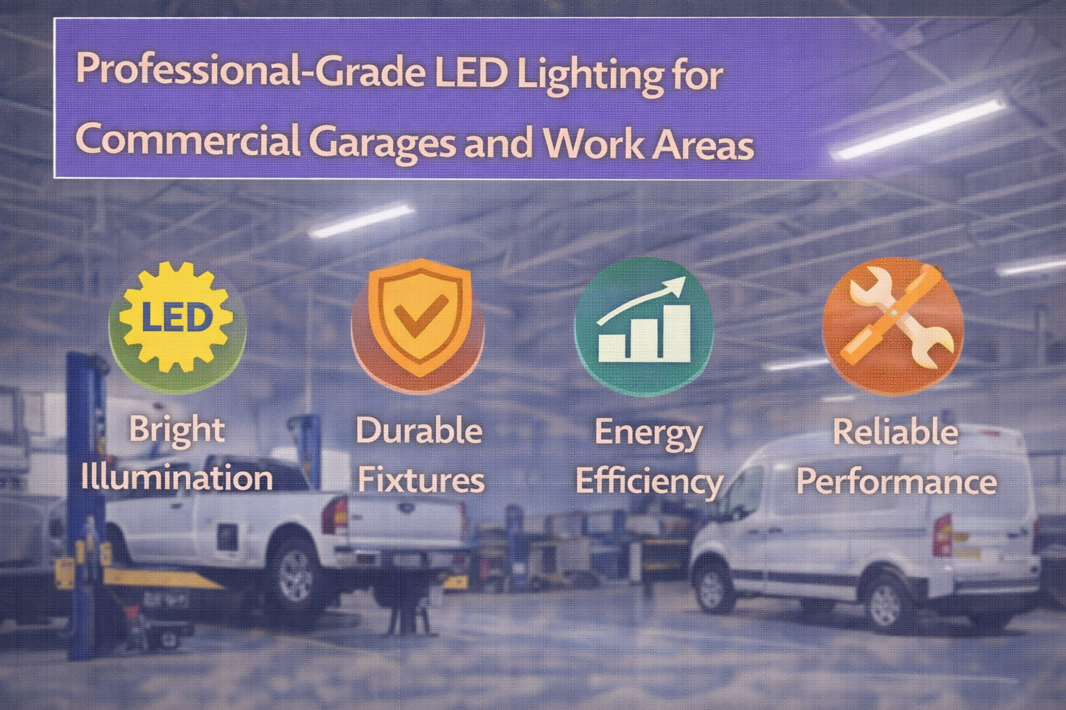 Professional-grade LED lighting installed in commercial garages and work areas to provide uniform illumination for service and maintenance tasks