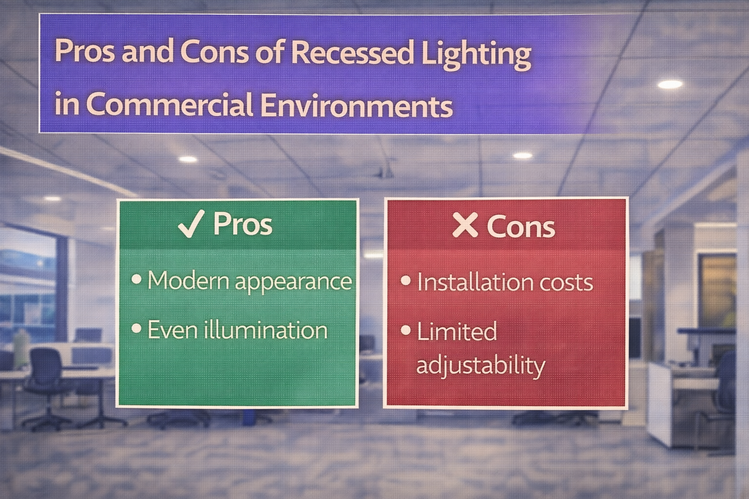 Recessed lighting installed in a commercial office environment illustrating advantages and limitations of recessed fixtures