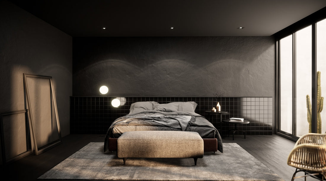 Recessed lighting shown bedroom interior with black tile wall