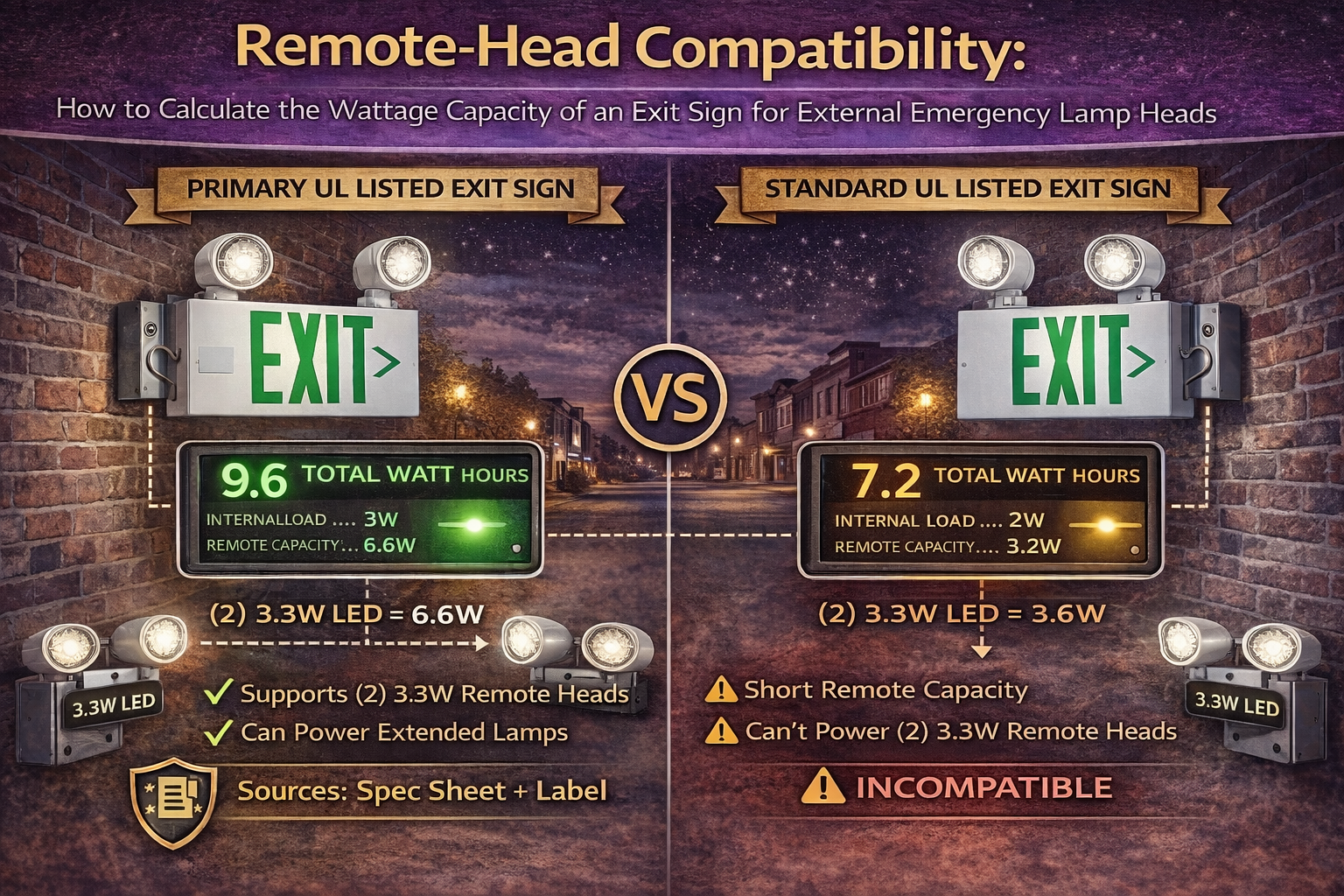 UL-listed exit sign remote-head compatibility diagram showing how to calculate available wattage capacity for external emergency lamp heads, including internal load, total watt hours, and supported 3.3W remote heads