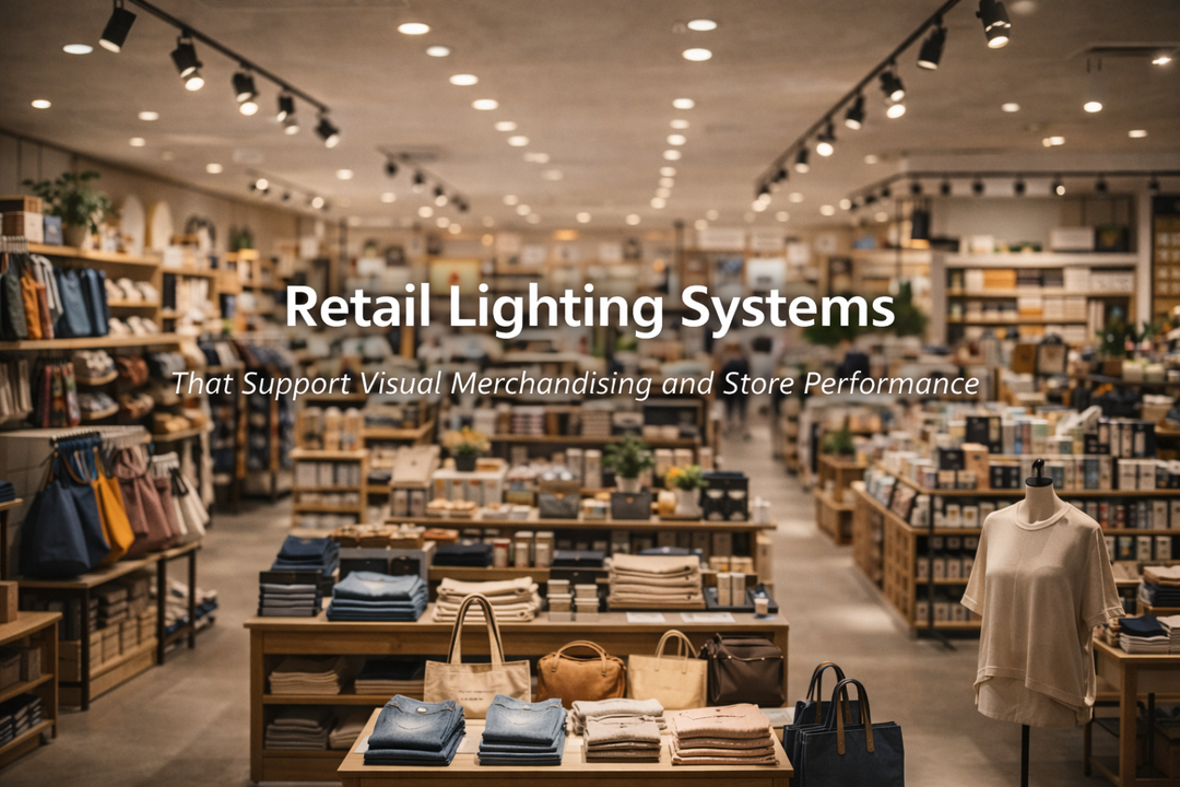 Retail lighting systems illuminating a modern retail store to enhance visual merchandising, product visibility, and overall store performance