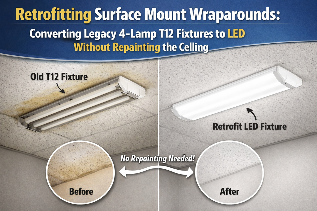 Retrofitting a legacy 4-lamp T12 surface mount wraparound fixture to an LED wraparound without repainting the ceiling in a commercial space