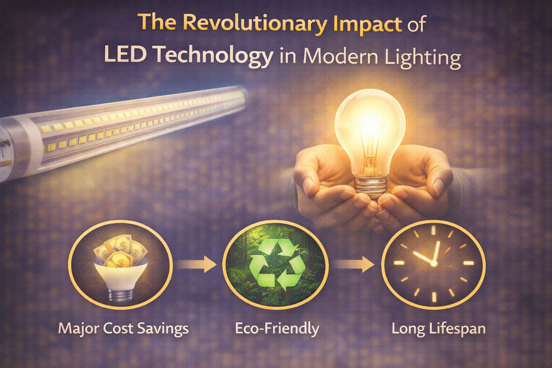 Infographic illustrating the revolutionary impact of LED technology in modern lighting, highlighting energy savings, sustainability, and long lifespan