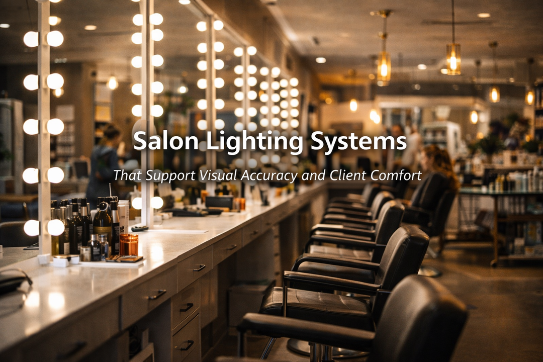 Professional salon lighting system with LED-lit mirrors and balanced task lighting designed to support visual accuracy, color precision, and client comfort in a modern salon environment