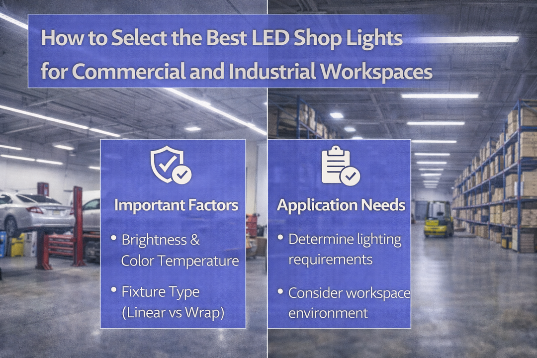 LED shop lights installed in automotive service and warehouse environments to support commercial and industrial workspaces