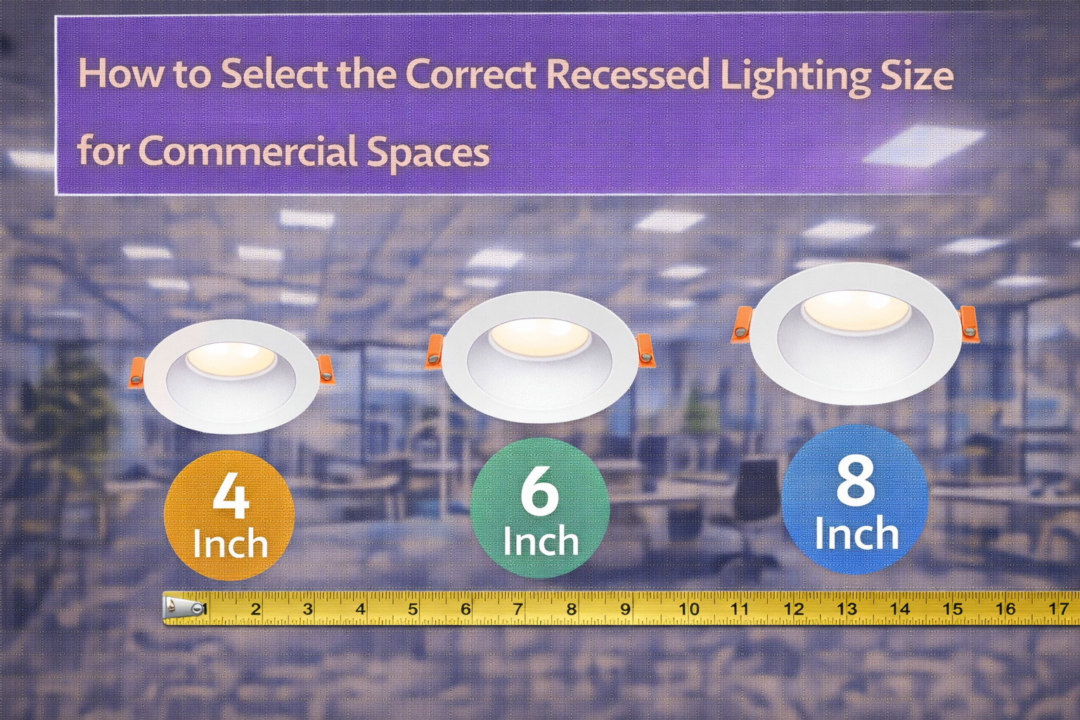 Recessed LED lighting sizes shown in 4 inch, 6 inch, and 8 inch formats with spacing reference for commercial ceiling applications