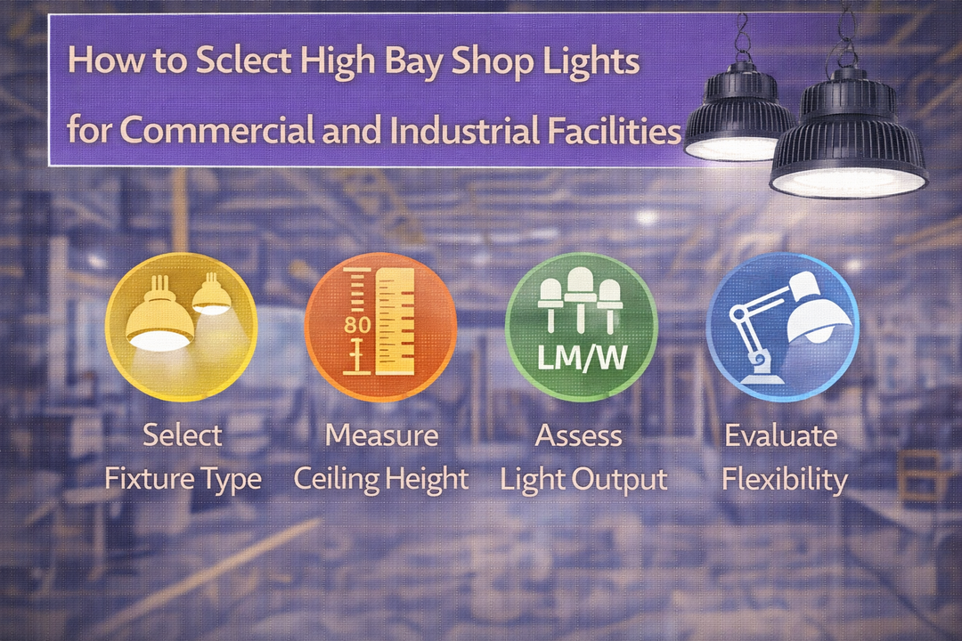 High bay shop lights installed in a commercial and industrial facility illustrating selection considerations such as ceiling height and light output