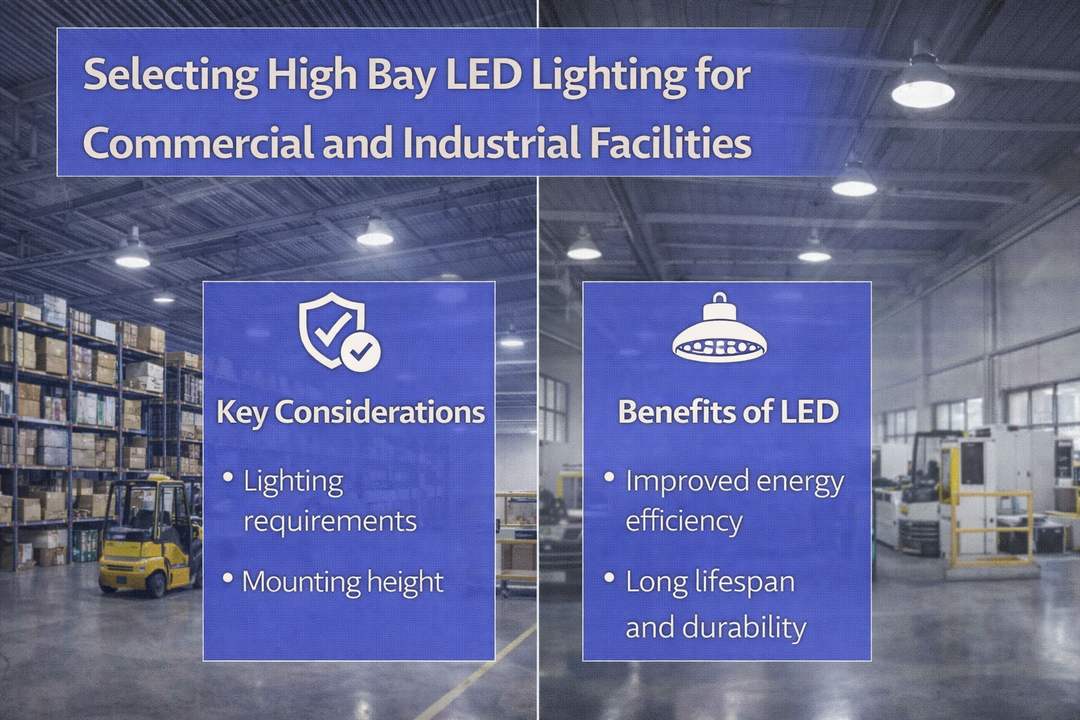 High bay LED lighting installed in commercial and industrial facilities illustrating selection considerations for large interior spaces