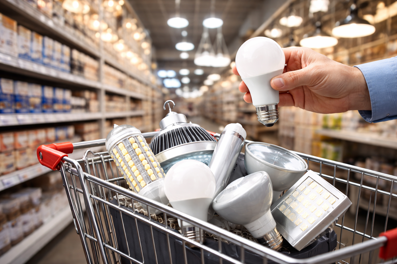 Hand selecting an LED light bulb from a shopping cart filled with various commercial LED bulbs inside a lighting and hardware store, illustrating the process of choosing LED bulbs for professional applications.