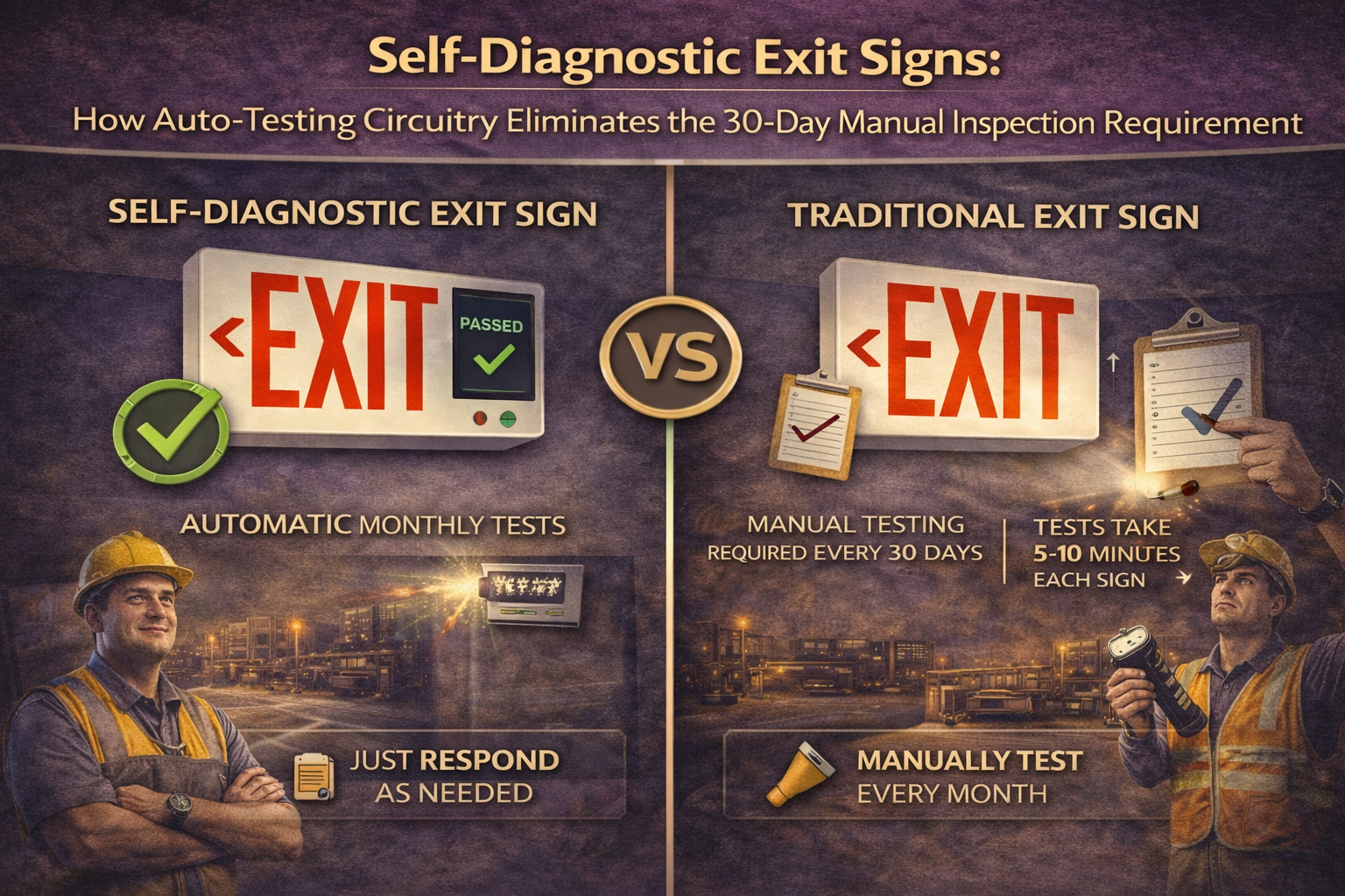 Comparison of self-diagnostic exit signs with auto-testing circuitry versus traditional exit signs requiring manual inspections