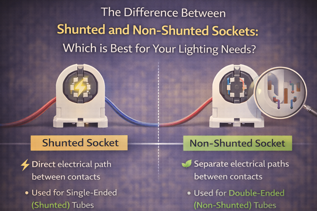 Infographic comparing shunted and non-shunted lamp sockets, showing electrical path differences and LED compatibility