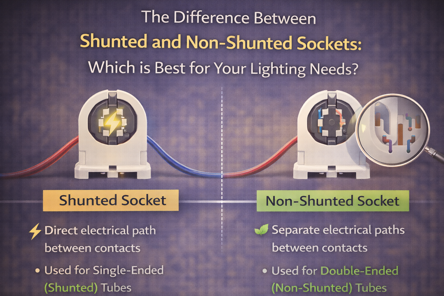 Infographic comparing shunted and non-shunted lamp sockets, showing electrical path differences and LED compatibility