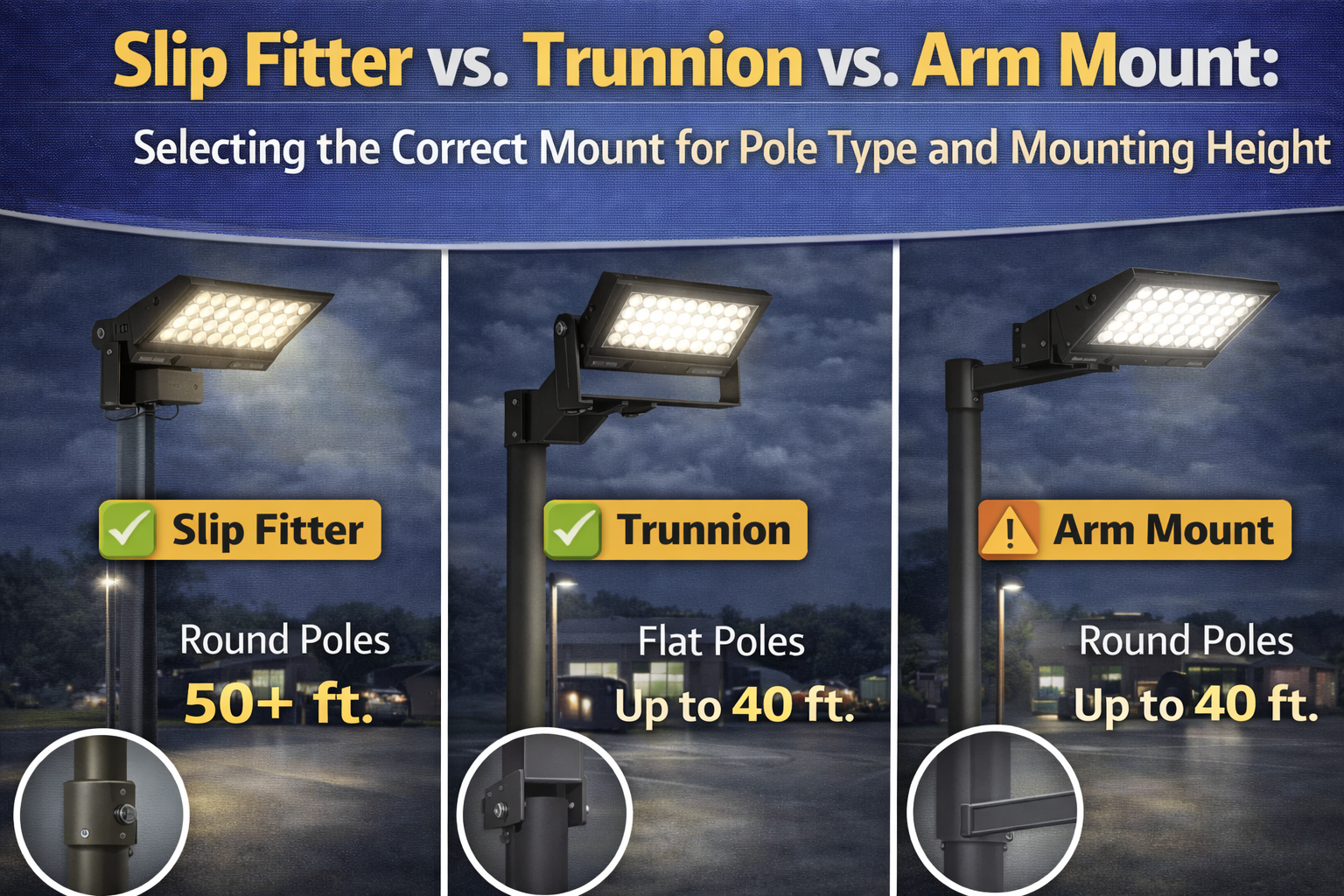 Comparison of slip fitter, trunnion, and arm mount options for LED area and flood lights showing proper pole type compatibility and mounting height selection