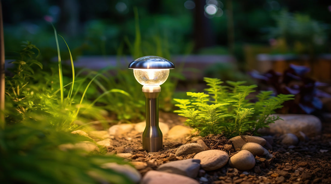 Solar post light shown illuminating outdoor landscaping