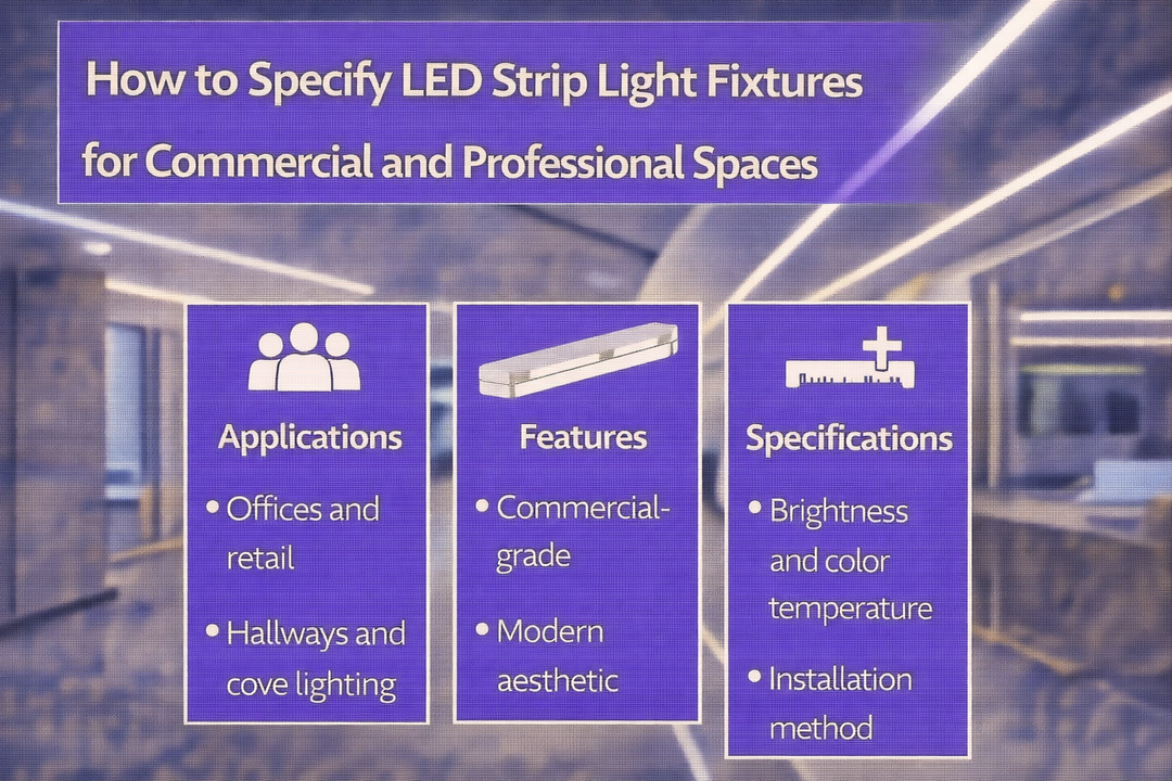 Commercial LED strip light fixtures installed in professional interior spaces showing rigid linear luminaires used for general and cove lighting