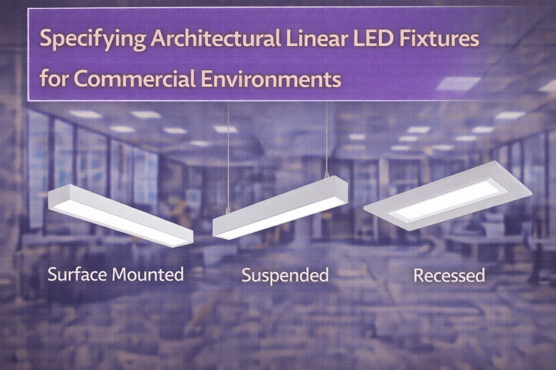 Architectural linear LED fixtures shown in surface-mounted, suspended, and recessed configurations for commercial environments