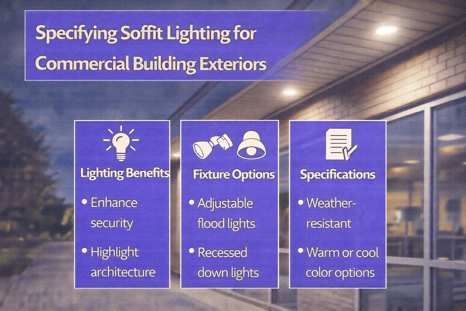 Soffit lighting installed on commercial building exteriors to illuminate covered walkways and architectural overhangs