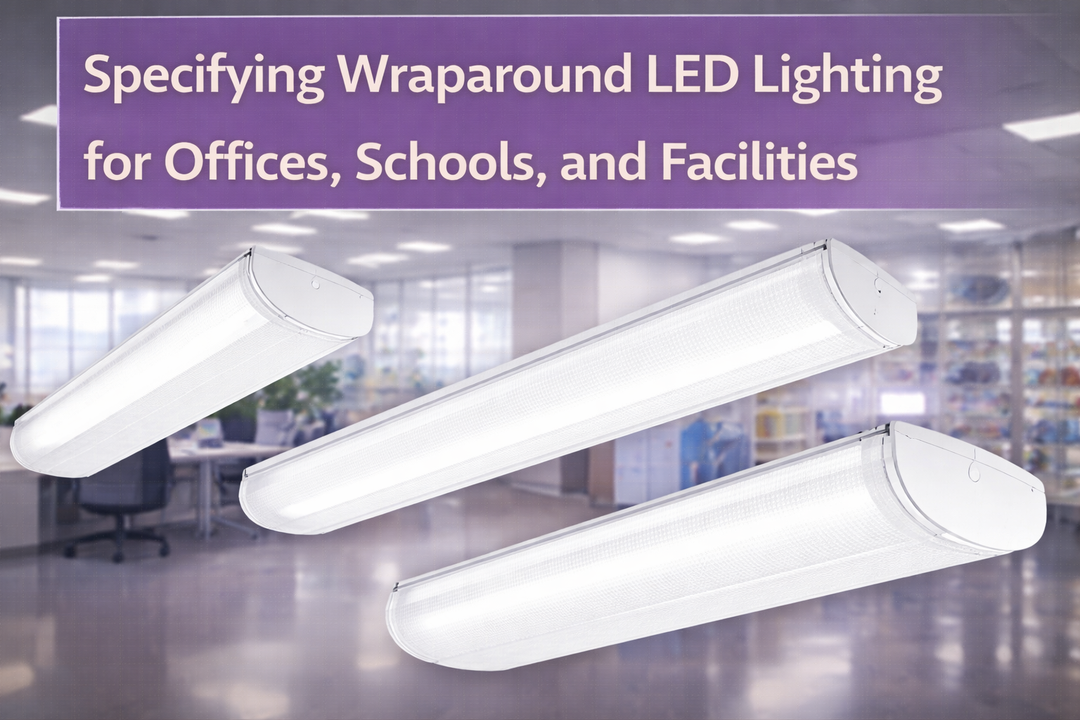 Wraparound LED lighting fixtures shown in office, school, and facility environments illustrating specification and application use