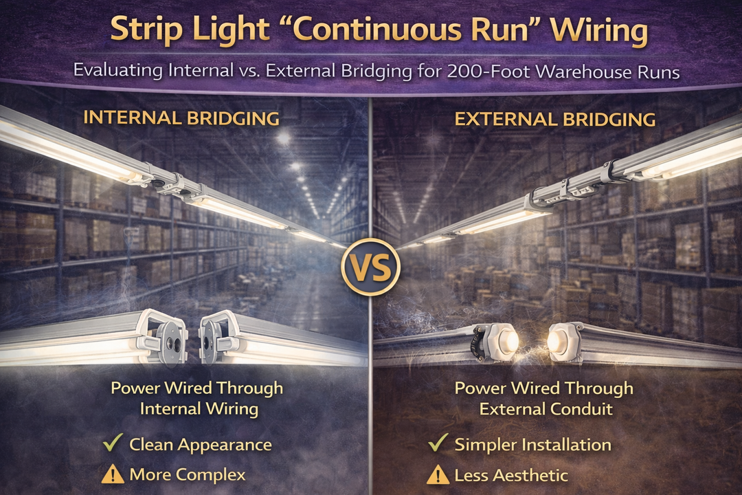 Warehouse strip light continuous run wiring comparison showing internal bridging with integrated wiring versus external bridging using conduit for long 200-foot lighting runs