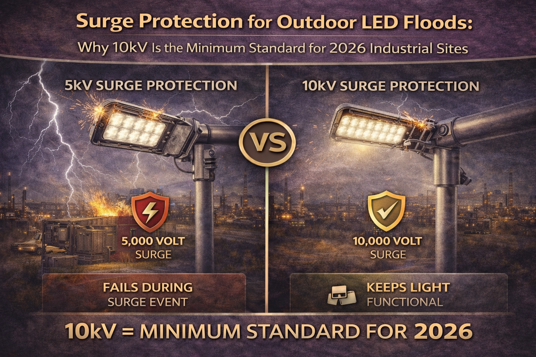 Comparison of outdoor LED floodlights with 5kV and 10kV surge protection in industrial environments