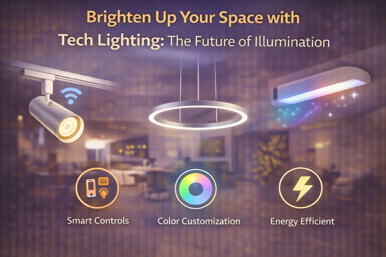 Promotional image showcasing modern tech lighting fixtures with smart controls, color customization, and energy-efficient illumination