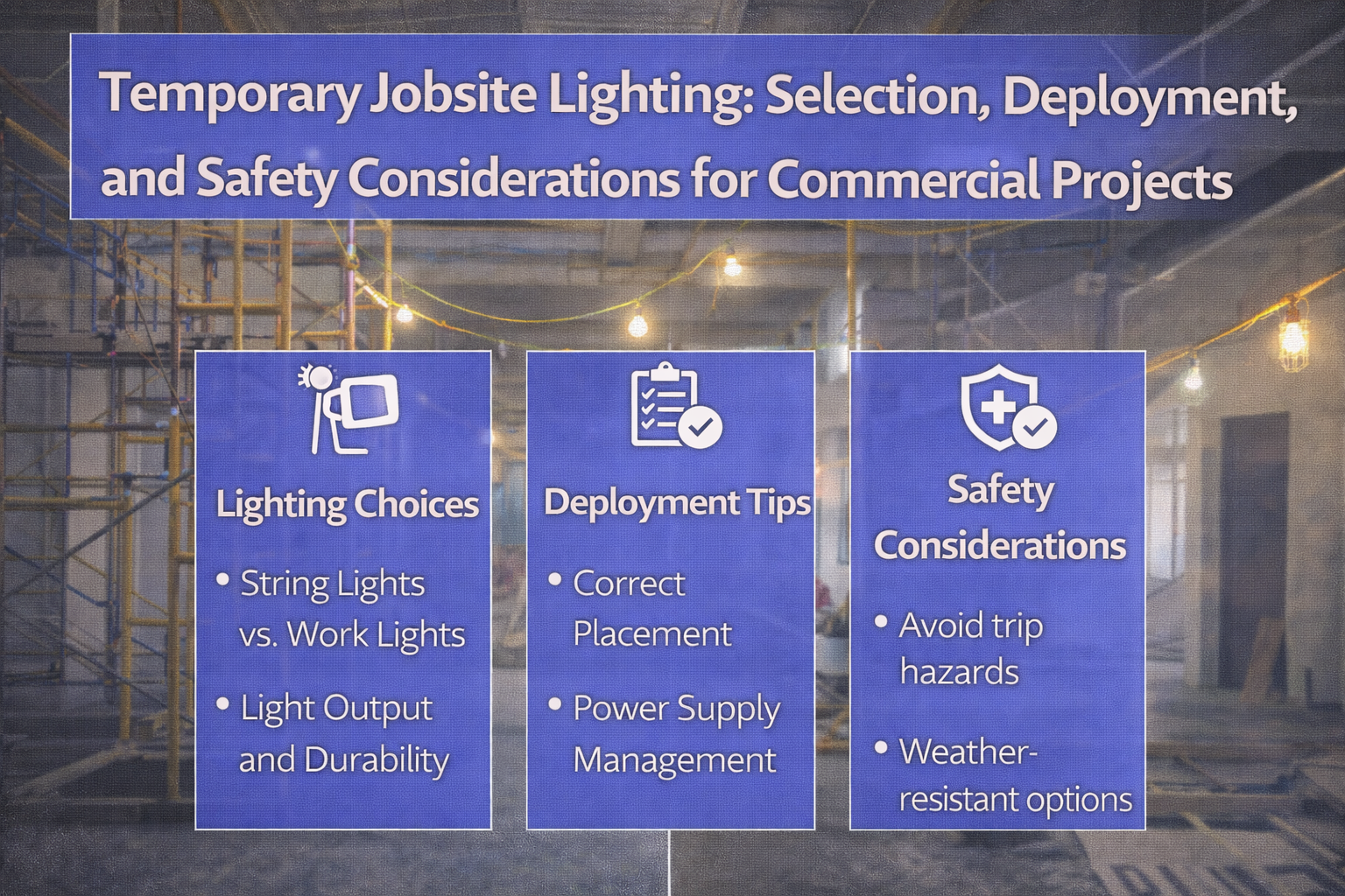 Temporary jobsite lighting used in commercial construction projects showing selection, deployment, and safety considerations