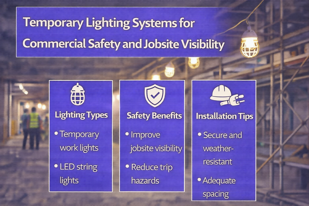Temporary lighting systems used on commercial jobsites to improve safety and visibility during construction and maintenance work