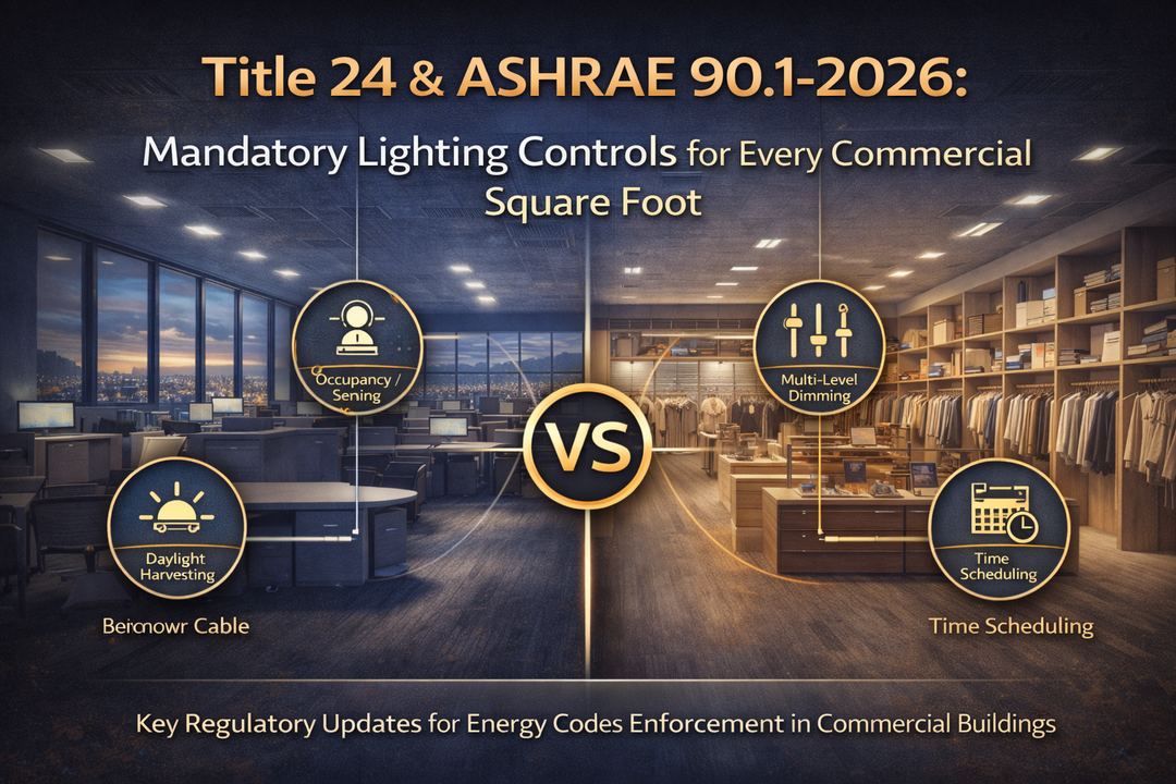 Infographic showing mandatory lighting control requirements under Title 24 and ASHRAE 90.1-2026, including occupancy sensing, daylight harvesting, multi-level dimming, and time scheduling in commercial spaces.