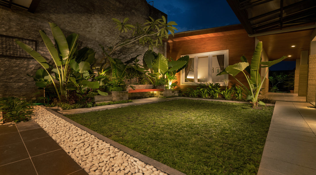 Tropical backyard garden being illuminated by various low voltage landscape lighting fixtures