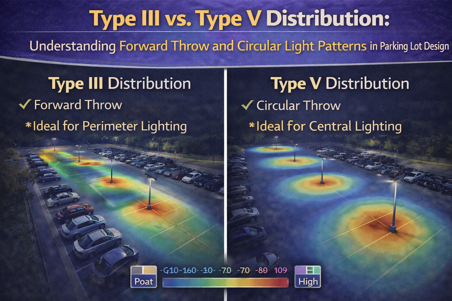 Comparison of Type III and Type V lighting distributions in a commercial parking lot illustrating forward throw for perimeter lighting and circular light patterns for central pole placement