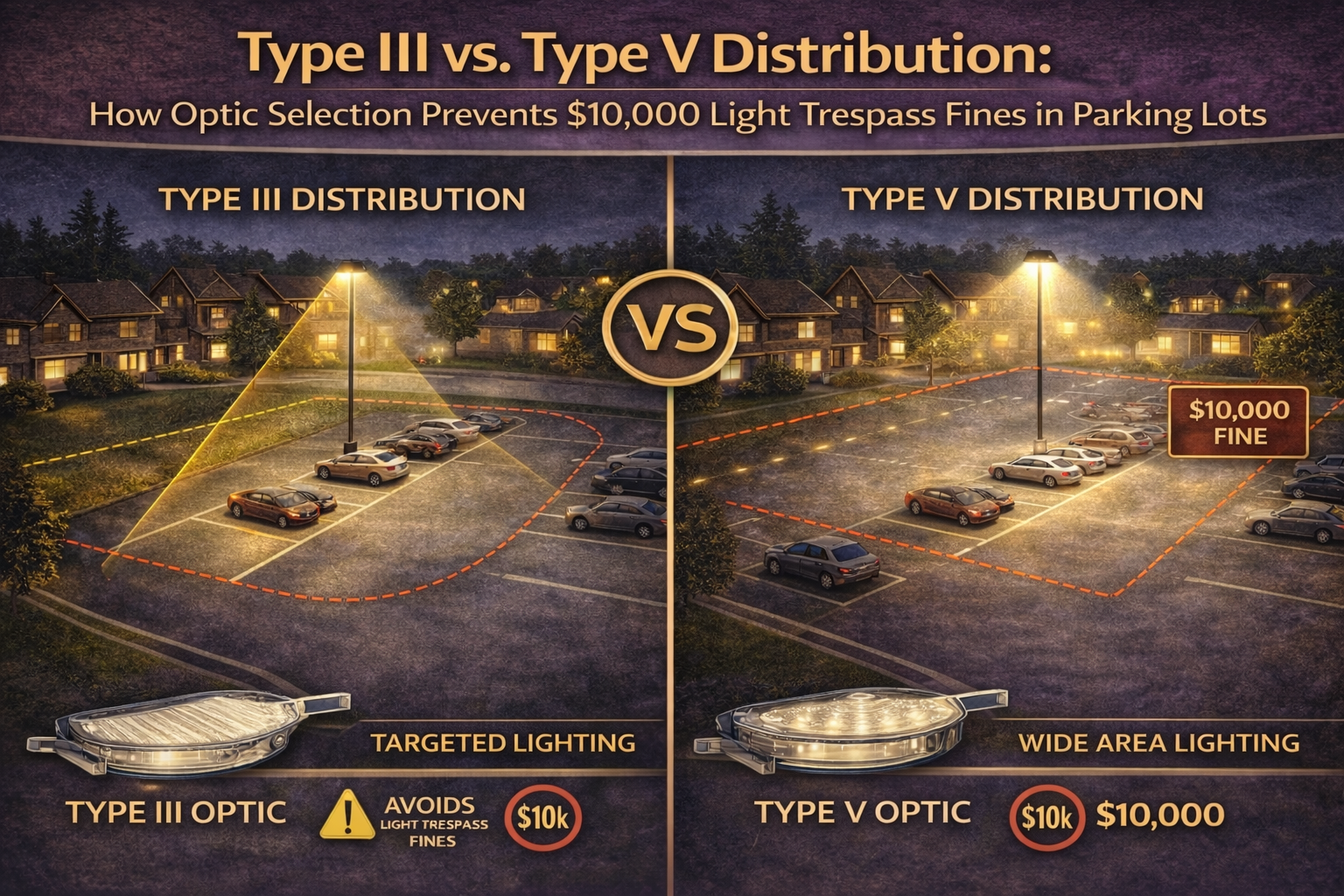 Comparison of Type III and Type V parking lot light distributions showing targeted versus wide area illumination