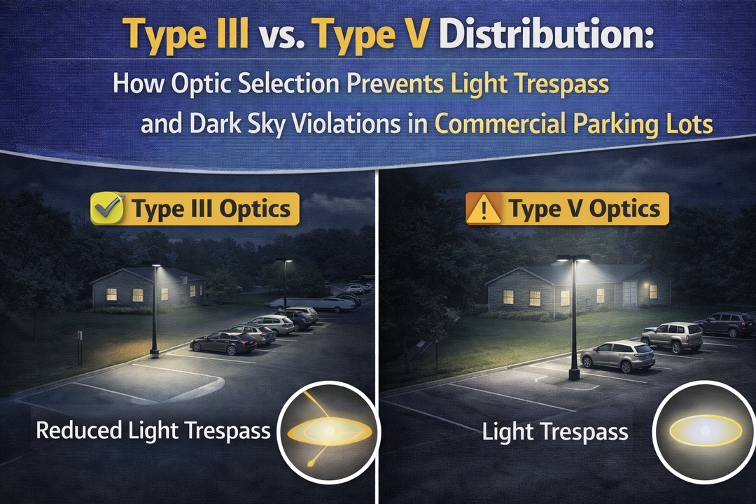 Comparison of Type III and Type V lighting distributions in a commercial parking lot showing reduced light trespass and improved dark sky compliance with proper optic selection