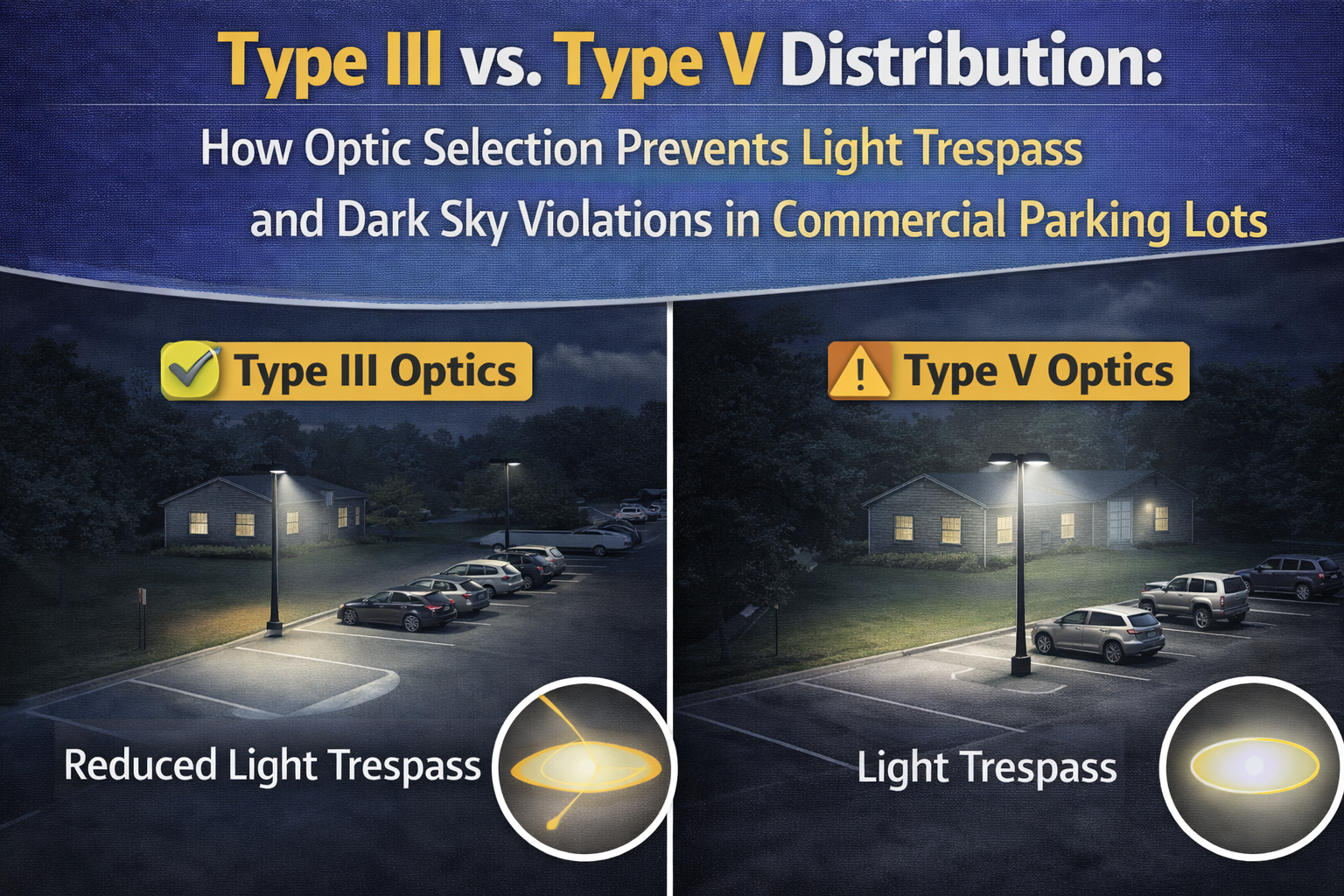Comparison of Type III and Type V lighting distributions in a commercial parking lot showing reduced light trespass and improved dark sky compliance with proper optic selection