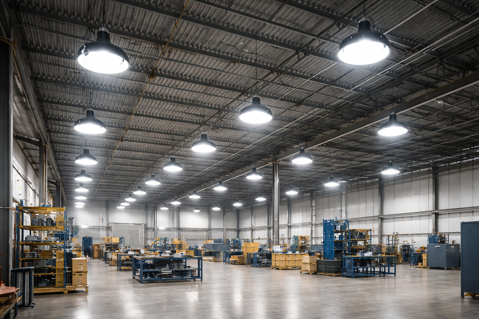 UFO high bay LED lighting illuminating an industrial facility with high ceilings, providing wide, uniform coverage for manufacturing and high-ceiling operations.