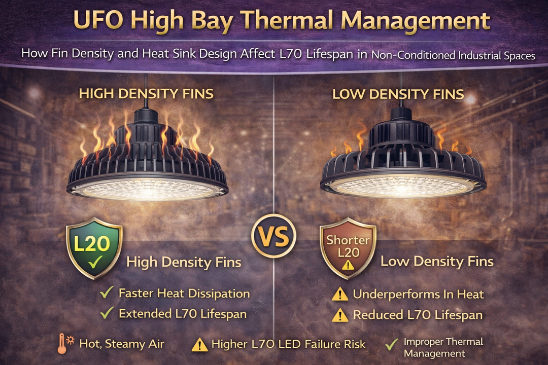 UFO high bay LED thermal management comparison showing high-density versus low-density heat sink fins and their effect on heat dissipation and L70 lifespan in non-conditioned industrial facilities