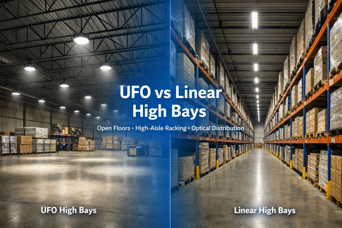 UFO High Bays vs. Linear High Bays: Determining the Right Optical Distribution for Open Floors and High-Aisle Racking