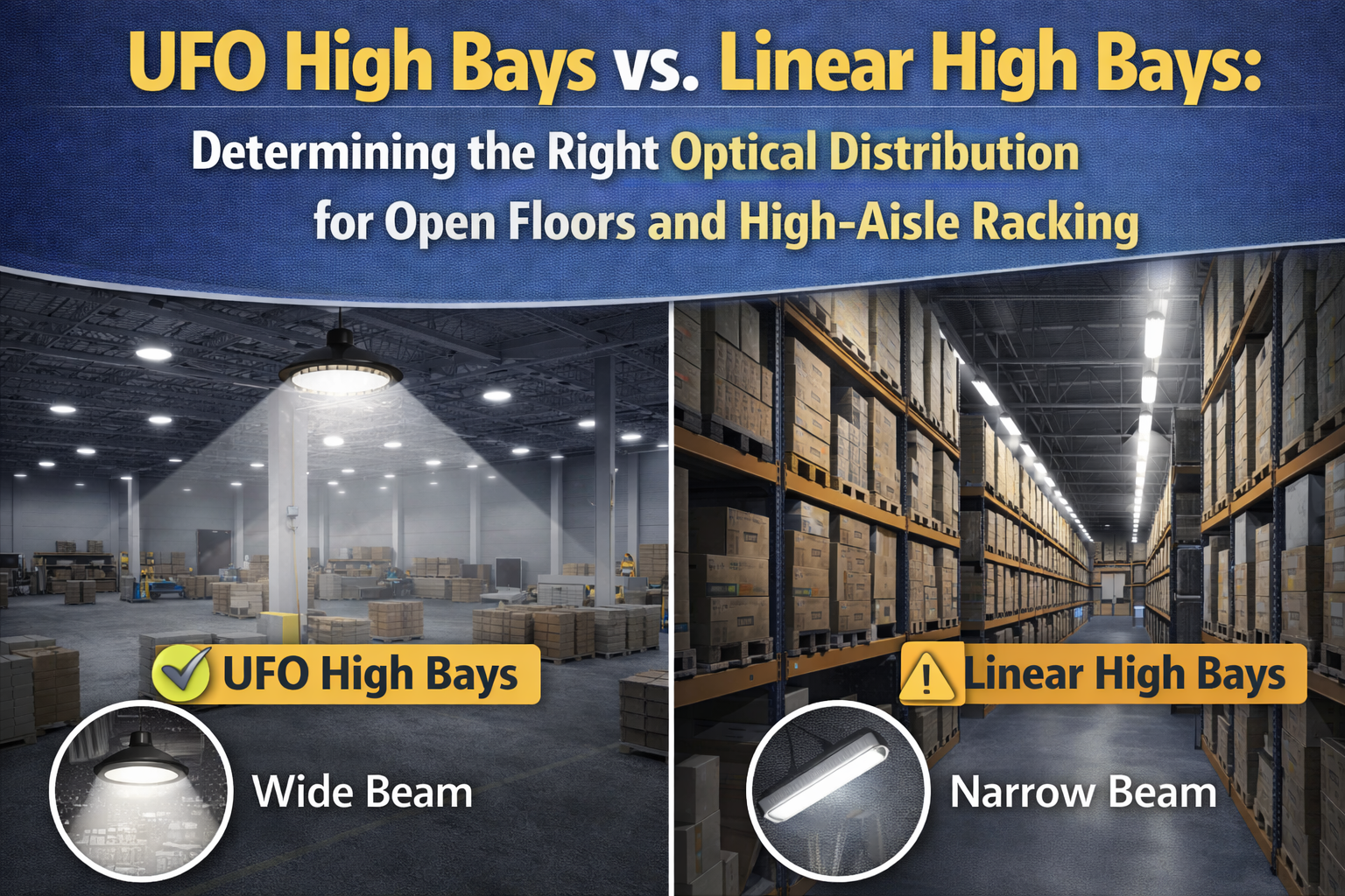 Side-by-side comparison of UFO high bay and linear high bay LED fixtures showing wide beam distribution for open warehouse floors and narrow beam distribution for high-aisle racking
