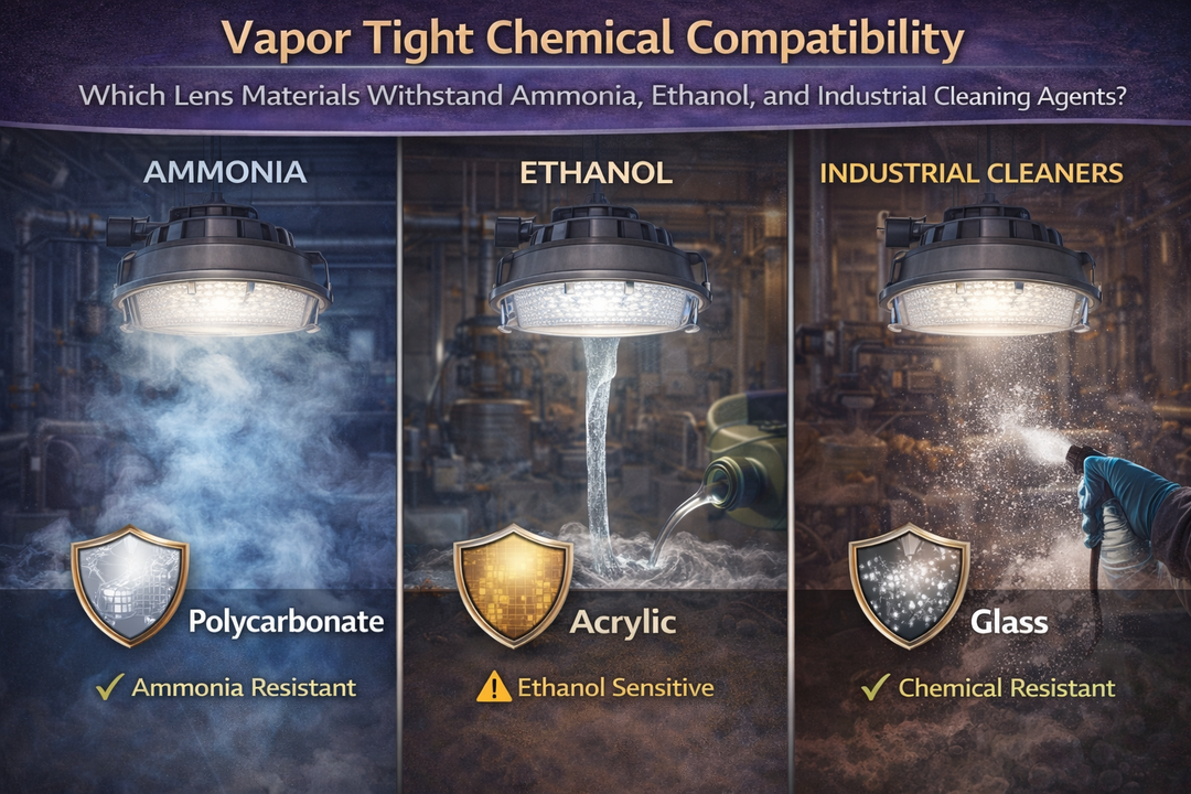 Vapor tight LED fixture lens material comparison showing polycarbonate resistance to ammonia, acrylic sensitivity to ethanol, and glass durability against industrial cleaning chemicals in harsh industrial environments