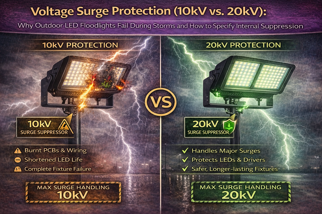 Outdoor LED floodlight comparison showing 10kV versus 20kV surge protection during lightning storms, illustrating how higher internal surge suppression protects drivers, LEDs, and prevents fixture failure
