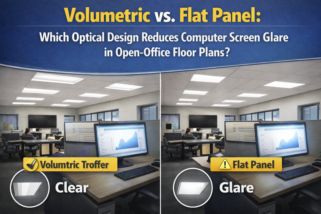 Side-by-side comparison of volumetric troffer lighting and flat panel LED fixtures in an open-office floor plan showing reduced computer screen glare with volumetric optics