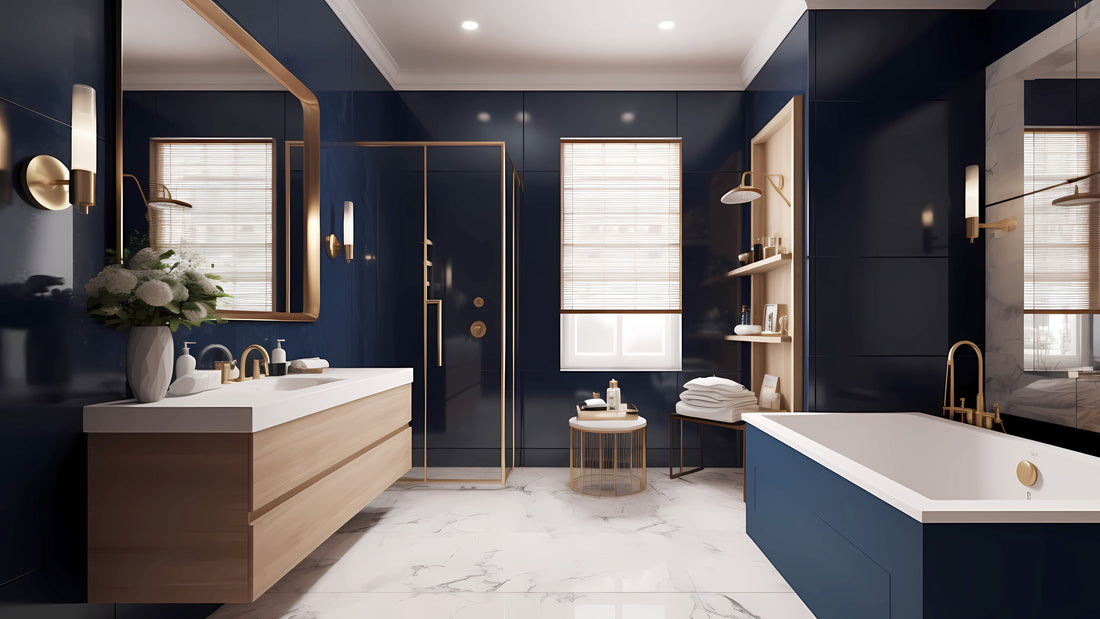 Wall sconces shown in navy master bathroom mounted next to mirrors