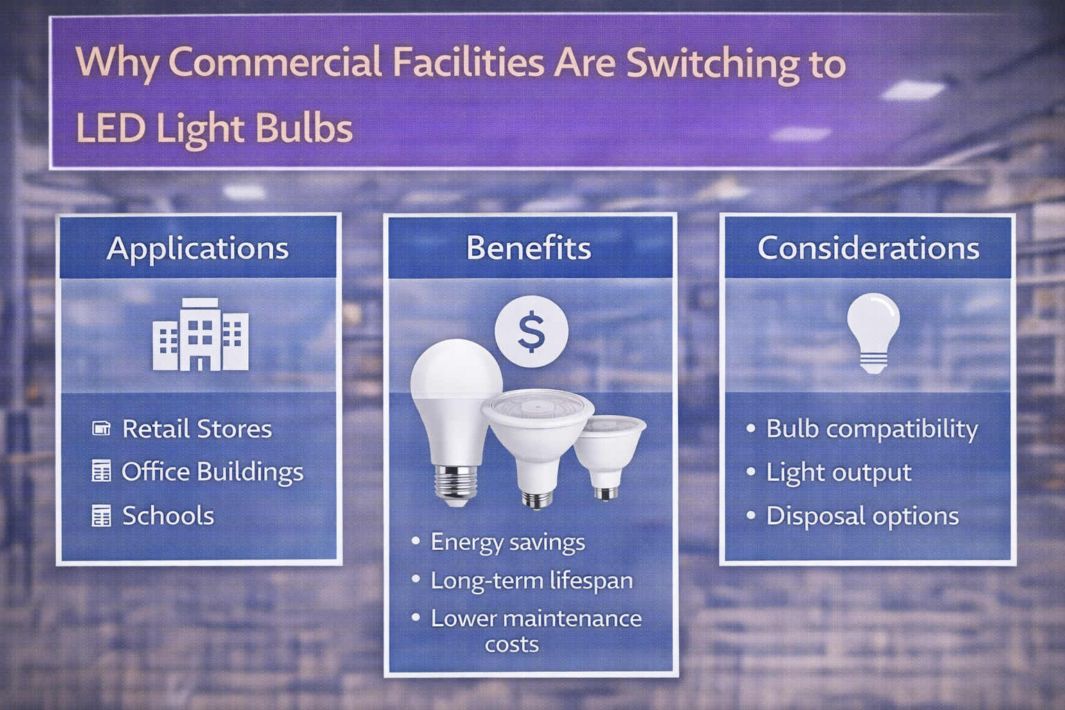 Commercial facilities using LED light bulbs with an overview of applications, benefits, and specification considerations in professional environments
