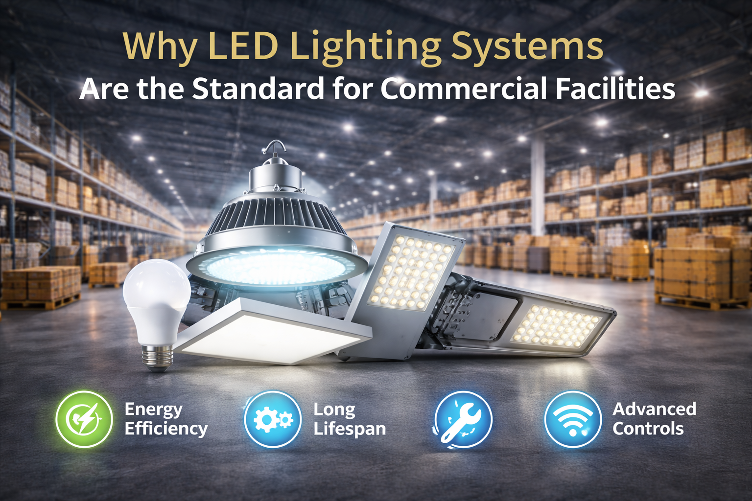 LED lighting fixtures including high bay lights, panel lights, and LED bulbs displayed inside a commercial warehouse, with on-image graphics highlighting energy efficiency, long lifespan, and advanced lighting controls.